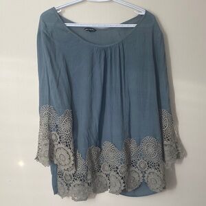 Unique Spectrum Teal Blouse with Gray Lace Trim
